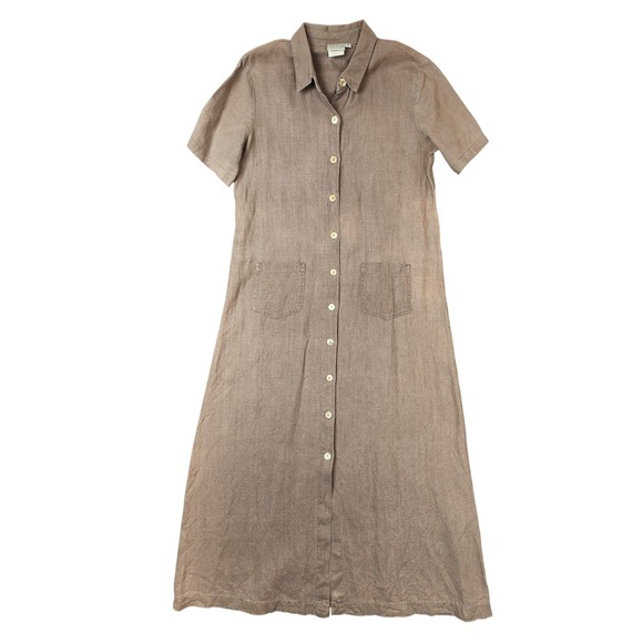 Vintage Match Maxi Dress Womens 8 Brown Linen Button Front Short Sleeve Made USA - Picture 1 of 16